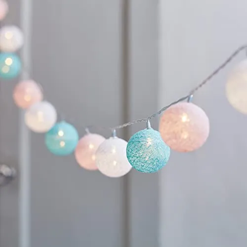 Lights4fun 20er LED Cotton Ball Lichterkette Innen Timer Batteriebetrieben - Pastell Kinderzimmer Mädchen Rosa Bunt Schlafzimmer Dekorative