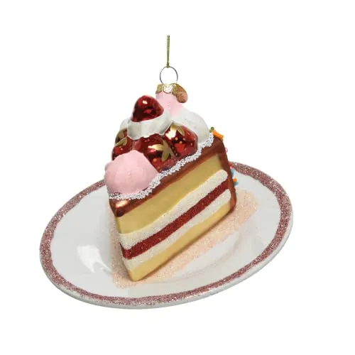 Kaemingk Christbaumschmuck Glas 12,5cm Erdbeer Torte auf Teller Weihnachtskugeln weiß rot