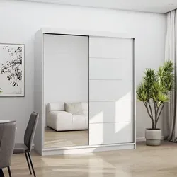 Schwebetürenschrank Bono 05 - 160 cm Weiß mit Spiegel - Kleiderschrank mit elegantem Spiegeldesign und geräumigen Einlegeböden, ideal für stilvolle Schlafzimmer. Schwebetüren sparen Platz und passen perfekt in jede Inneneinrichtung.