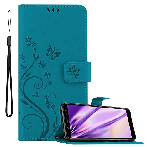Cadorabo Hülle kompatibel mit Samsung Galaxy A6 2018 Blumen Design aus Kunst Leder Flip Klappbare Stoßfeste Magnetische [Standfunktion] [Kartenfächern] Cover Hülle für Galaxy A6 2018 Tasche in Blau