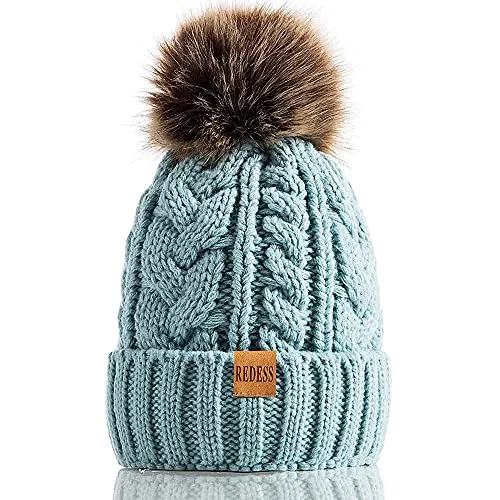 REDESS Damen Winter Bommel Beanie Mütze mit warmem Fleece gefüttert, Dicker Slouchy Snow Knit Skull Ski Cap