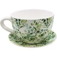 Dekohelden24 Blumentopf Tasse Keramik 25 x 23 x 14 cm - Charmanter Blumentopf in Tassenform aus Keramik, handbemalt mit fröhlichem Rankenmotiv. Ideal für Sukkulenten und Kräuter, bringt Farbe ins Zuhause und ist ein stilvoller Blickfang für jeden Raum.
