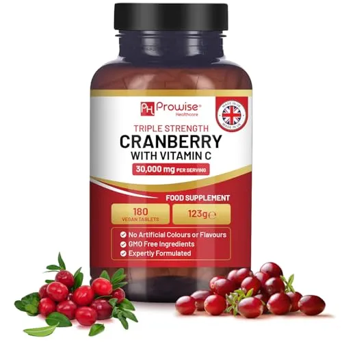 Cranberry in dreifacher Stärke 30.000 mg mit Vitamin C - 180 vegane Tabletten I Leicht zu schluckende Tabletten I Hergestellt in Großbritannien von Prowise Healthcare