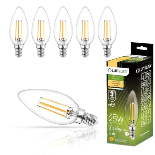 Lumiled B35 E14 LED Lampe 2W (ersetzt 25W), 249Lumen, Vintage Filament Klar Glas Leuchtmittel Kerze Kerzeform 3000K Warmweiß Birne Lampen 360° Strahlwinkel Glühbirnen Kerzenbirnen 6er-Pack