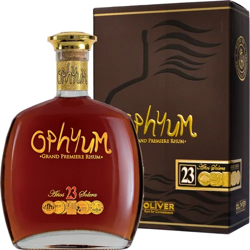 Ophyum 23 Metódo Solera Grand Premiere Rhum 40% Vol. 0,7l - Exklusiver Rum aus der Dominikanischen Republik, 23 Jahre gereift im Solera-Verfahren, mit Aromen von Karamell und Vanille. Limitiert auf 2.000 Flaschen, ideal für Sammler und Liebhaber.
