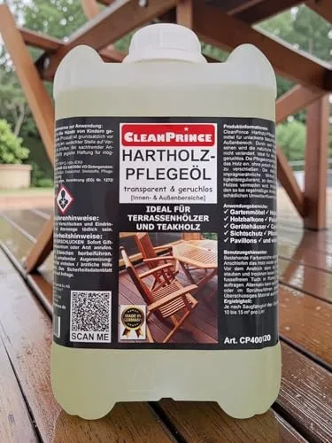 Hartholzpflegeöl 5L für Teakholz und Bankirai - Holzöl für innen und außen, schützt vor Neuanschmutzung und reguliert die Holzfeuchte mit wasserabweisenden Komponenten.