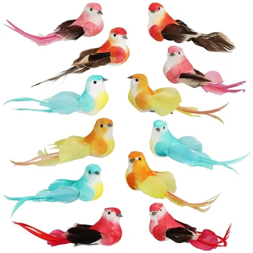 com-four® 12x Dekovogel - künstliche Vögel in 5 bunten Designs - Wintervögel mit Federn und Metall-Clip - Zier-Vogel für Ganzjahresdekoration - Deko-Federling (12 Stück - Mix-Set 01)