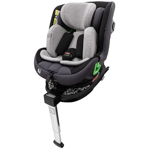 PETEX Auto Kindersitz, i-Size, ca. 40-135 cm, 360° drehbar + ISOFIX + Stützfuß, nach ECE R129, mitwachsender Baby Kinderautositz King, grau, 1 Stück