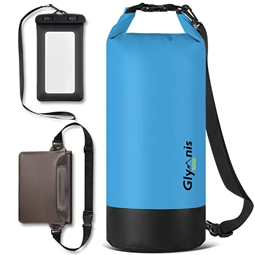 Glymnis Dry Bag wasserdichte Tasche 10L 20L Wasserdichter Packsack mit Bauchtasche und Tragegurt Waterproof für Wassersport Strand Schwimmen Bootfahren Reisen Camping (Blau, 20L)