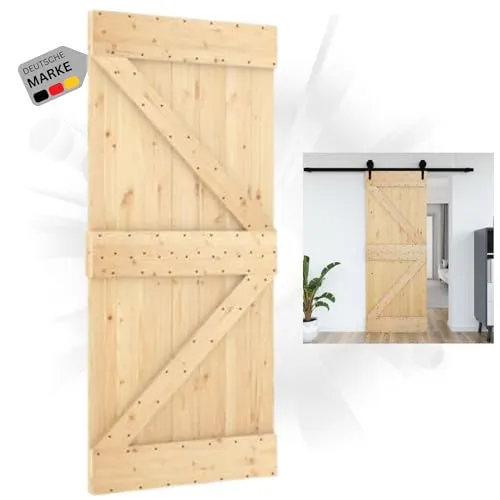 DELUKE® Schiebetür Holz KEOR rustikal Natur | 95x210cm, Kiefernholz Tür | ohne Beschlag | Holzschiebetür Scheunentür Schiebetüren Holztür Schiebetürsystem Zimmertür Innentür
