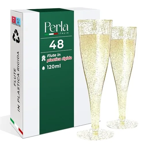 Perla, 48 Premium Sektgläser aus Kunststoff mit Goldglitter, 120ml – Wiederverwendbare Champagnergläser, Champagner Gläser für Cocktail, Dessert, Wein - Plastik Sektgläser für Hochzeit & Party