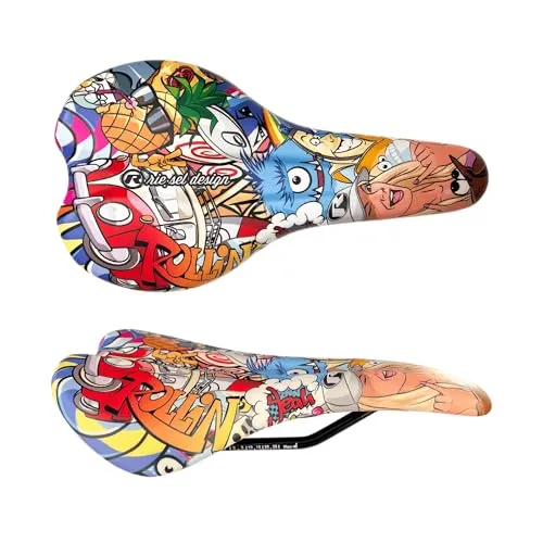 Produktbild Riesel Design Fahrradsattel – ergonomischer Komfort-Sattel aus Schaumstoff/Vinyl | für Gravel, Cyclocross, MTB, Downhill, Enduro | in bunten Design mit ArcTech-Technologie (stickerbomb)