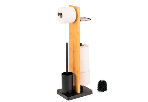 eluno WC-Garnitur 4in1, schwarz - Toilettenbürstenhalter mit 4in1-Funktion: Rollenhalter, WC-Bürste, Ablage und Platz für Ersatzrollen. Praktisches Design, einfache Montage ohne Bohren!