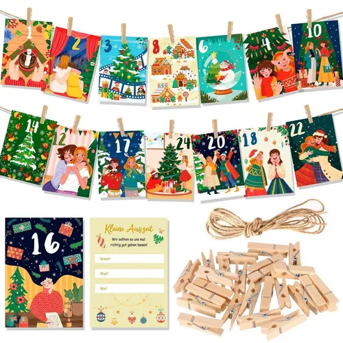 Adventskalender für Freundinnen mit 24 Karten und Holzklammern