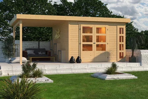 Karibu Gartenhaus Kerko 6 mit Anbaudach 2,40 m Breite - Vielseitiges Gartenhaus aus nordischer Fichte mit modernem Design und viel Tageslicht durch große Fenster. Ideal für Werkstatt oder Lagerung, schnell montierbar dank Steck- und Schraubsystem.