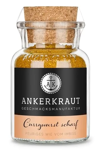 Ankerkraut Currywurst scharf, als Finisher oder in die Sauce rühren, mit Bhut Jolokia Chili, scharfes Gewürz, 90 g im Korkenglas