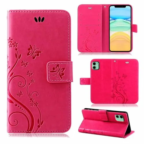 Hülle Kompatibel mit Apple iPhone 11 | Premium PU Leder Handyhülle Wallet Case für iPhone 11 | Schutzhülle Blumen Klapphülle Handyhülle | Pink