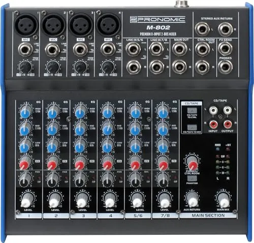 Pronomic M-802 Live/Studio Mischpult - Professionelles 8-Kanal Mixer mit 4 Mono-Kanälen und 2 Stereo-Kanälen, ideal für Live-Events und Studioaufnahmen. Bietet 48V Phantomspeisung und umfangreiche EQ-Optionen für perfekten Sound.