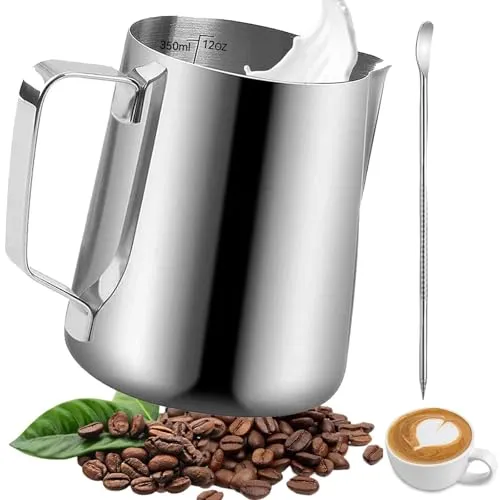 Omtofo 350ml Milchkännchen Edelstahl, Barista Milchkännchen mit Messung Mark und Latte Art Pen, für Espresso, Milchaufschäumer, Cappuccino Milchschau, Latte Art, Kaffeeliebhabe