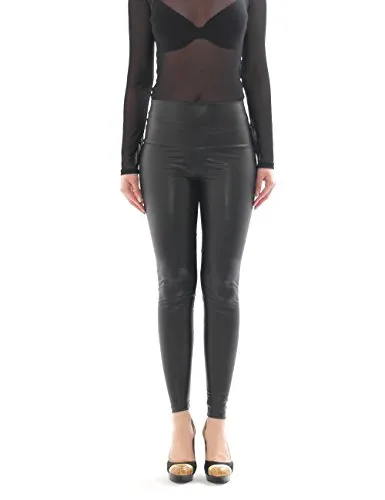 Damen Leggings lang Hose Röre Treggings Glanz-Matt wie Latex Lack Leder Optik hoher Bund schwarz M
