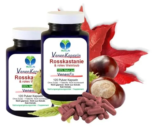 MultiLife Rosskastanie Venen Fit + Weinlaub Kapseln - Mineralstoffe zur Unterstützung der Venengesundheit. Enthält natürliche Zutaten für bessere Durchblutung und Elastizität der Venen bei müden, geschwollenen Beinen.