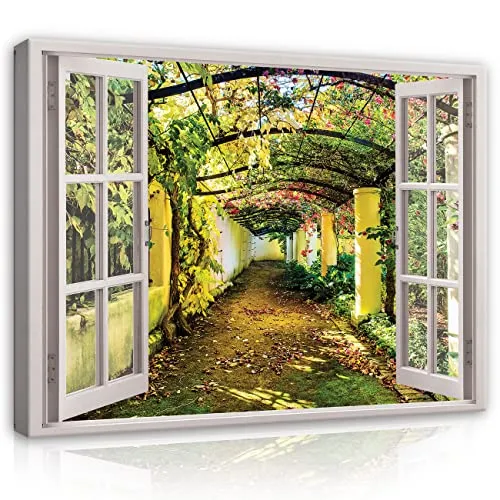 WallArena Leinwandbild Fensterblick Garten Natur Landschaft 100x75 cm - Hochwertiges Leinwandbild im Format 100x75 cm, ideal für Wohnzimmer und Schlafzimmer. Mit beeindruckender Farbtiefe und detailgenauer Druckqualität. Sofort aufhängfertig und sorgt für stilvolle Akzente in jedem Raum.