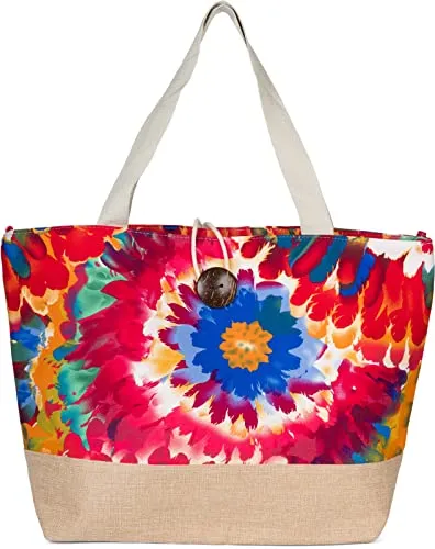 styleBREAKER Damen Strandtasche XXL mit buntem Blumen Muster - Damen-Shopper mit großem Hauptfach und Knebelknopf Verschluss, ideal für Familie und Strandausflüge - Maße: 56 x 18 x 36 cm, inklusive praktischen Karabiner für Innentaschen.