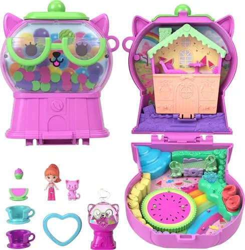 Polly Pocket Puppen und Spielset, Kaugummi-Kätzchen-Schatulle, Reisespielzeug mit 1 Mikropuppe, Haustier, Teetasse und Wippe sowie Zubehörteilen mit Obstmotiven, JKC50