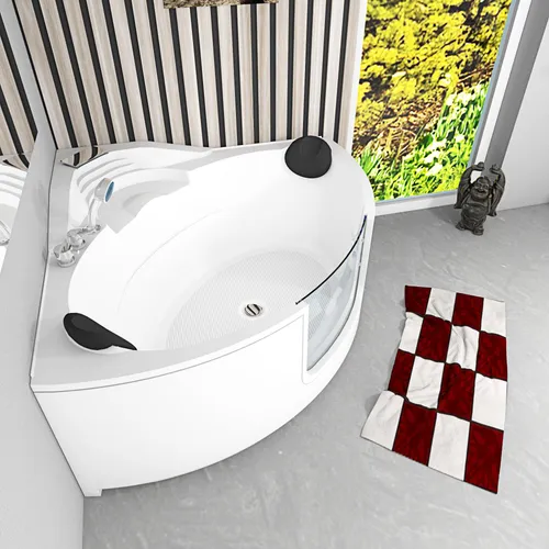 Eckbadewanne S60-EH 140x140 cm mit Tür - Elegante Eckwanne mit Nackenstütze für entspannende Momente. Ideal für kleine Bäder, mit einfacher Wandmontage und komfortabler Kapazität für bis zu 2 Personen.