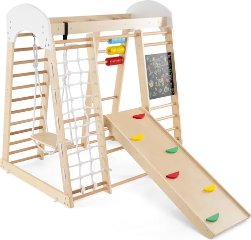 COSTWAY 8in1 Klettergerüst für Kinder - Multifunktionales Klettergerüst mit Rutsche, Kletternetz, Schaukel und mehr. Robuste Holzkonstruktion für sicheren Spielspaß drinnen und draußen. Ideales Spielzeug zur Förderung von Motorik und Kreativität.