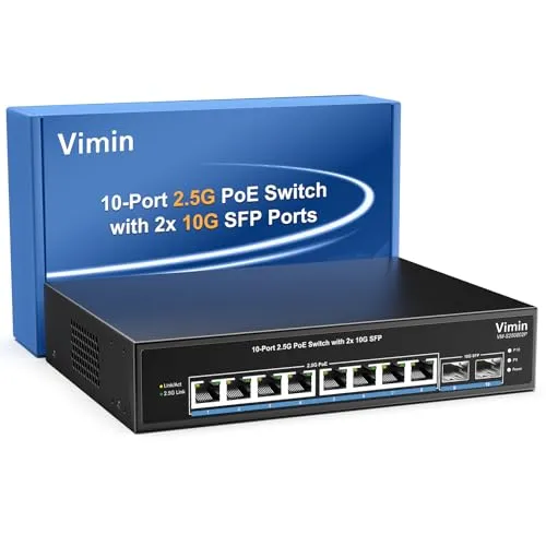 10-Port 2,5G PoE Switch Unmanaged, VIMIN 8X 2,5G Base-T PoE @130W+2X 10Gbps SFP, 8 Port PoE Switch mit 80Gbps Ethernet Switching Kapazität, Unterstützung von IEEE802.3af/at, VLAN, Metallgehäuse