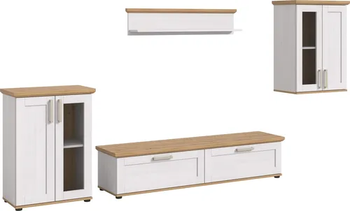 Wohnwand >Verona< (4-teilig) in Sibiu Lärche Nachbildung - Stilvolle 4-teilige Wohnkombination im Landhaus-Look für Ihr Zuhause. Mit großzügigem Stauraum und eleganten Vitrinen, ideal für die Präsentation Ihrer Lieblingsstücke.