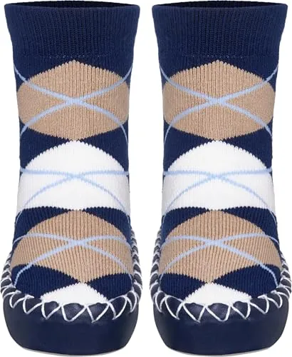 Playshoes Unisex Kinder Anti-Slip Cotton Socks Stripes Kniestrümpfe, Marine-Karo, 23/26