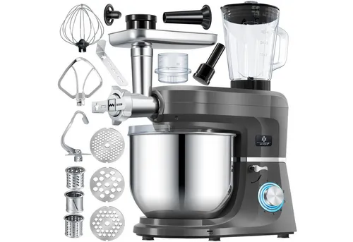 KESSER® 3 in 1 Universal Küchenmaschine K-KM 3000 - Knet- & Rührmaschine mit 1500 Watt, 5,5L Edelstahl-Schüssel und 6 Geschwindigkeitsstufen für vielseitige Zubereitung. Inklusive Fleischwolf und Entsafter für kreative Kochmöglichkeiten.