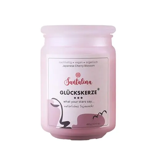 Japanese Cherry Blossom Duftkerze – Glückskerze mit zufälliger Botschaft | zart-blumig & feminin, inspiriert von fernöstlicher Harmonie | 450g Sojawachs im Glas, Brenndauer ca. 45 Std
