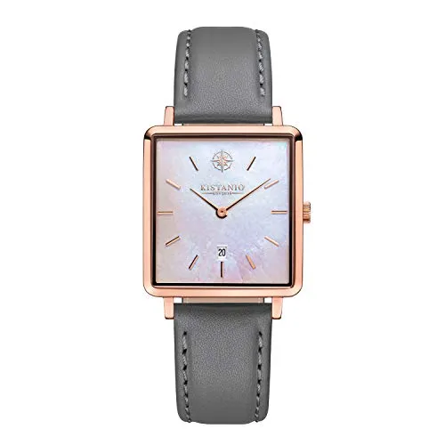 Kistanio Carré Damenuhr mit Lederband Datum Edelstahl Rose Perlmutt Saphirglas RG-PM-L-GR