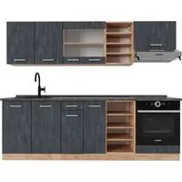 Vicco Küchenzeile R-Line 240 cm, Schwarz Beton/Goldkraft Eiche - Moderne Küchenzeile mit ergonomischen, höhenverstellbaren Füßen für flexibles Arbeiten. Ideal für stilvolle Küchen und schnelle Zubereitung von Gerichten.