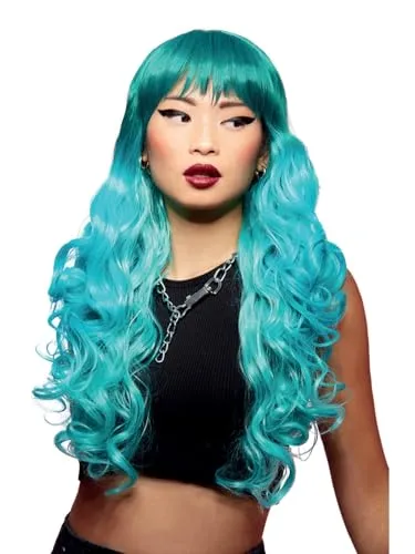 Smiffys Manic Panic® Mermaid™ Ombre Siren™ Perücke - Hitzebeständige Perücke mit langen, lockigen Wellen und Pony, ideal für Kostümpartys und besondere Anlässe. Offiziell lizenziertes Rubies-Produkt, getestet nach europäischen Sicherheitsstandards.