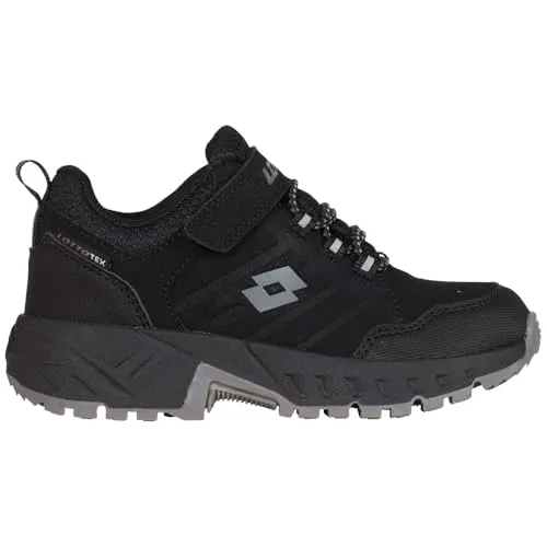 Lotto Ketcham Low Tex T Unisex Kinder Sneaker Schwarz/Grau Größe 39 - Robuster Kinder-Sneaker mit flexibler Tex-Membran, elastischer Schnürung und praktischem Klettverschluss. Reflektierende Laceloops und stark profilierte Sohle sorgen für Sicherheit und Komfort im Alltag.
