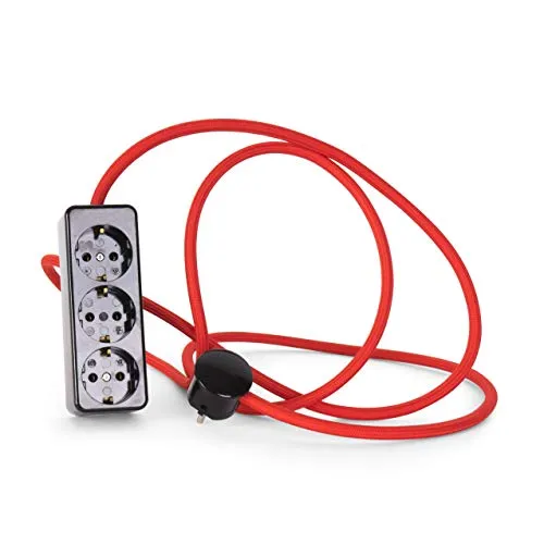 3-Fach Steckdosenleiste aus Duroplast (Bakelit-Optik) schwarz, mit 2.5 Meter Textilkabel Zuleitung, Rot