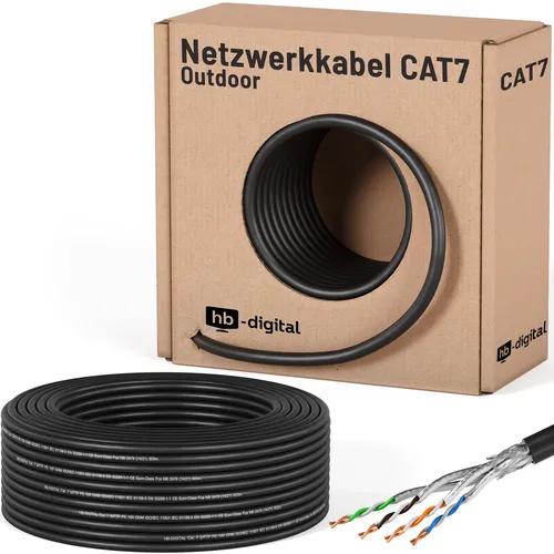 hb-digital CAT7 Verlegekabel Außen 50m - Datenkabel der Kategorie CAT.7, ideal für Outdoor-Anwendungen, mit einer Übertragungsgeschwindigkeit von bis zu 10 Gbit/s und UV-beständigem, witterungsfestem Material.