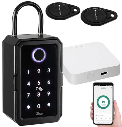Xcase Schlüsselbox WLAN: Smarter Schlüssel-Safe & WLAN-Gateway, PIN per Touch-Keys, Fingerprint (Schlüsselkasten WLAN, Schlüssel Tresor, Senioren Handy)