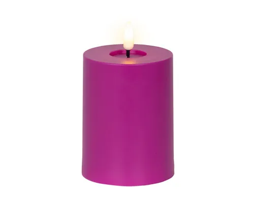 Lumineo LED-Kerze, LED Kerze 7,5x12cm mit Timer Outdoor Kunststoff Lila / Warmweiß