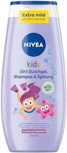 NIVEA KIDS 3in1 Duschgel, Shampoo & Spülung, Pflege und Reinigung für Kids mit bezauberndem Beerenduft, extra milde, seifenfreie Haar- und Hautpflege für Kinder (250 ml)