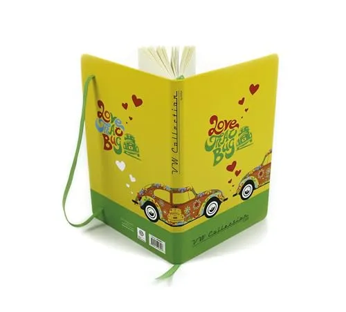 BRISA VW Collection - Volkswagen Notiz-Tage-Schreib-Buch, liniert im Hardcover-Einband im Käfer Design DIN A5 (Flower Power/Gelb)