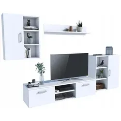 MATKAM Wohnwand Dedal 4-teilig in Weiß - Moderne Wohnwand aus strapazierfähigen, laminierten Platten (18 mm), bietet viel Stauraum und passt zu jedem Einrichtungsstil. Ideal für Wohnzimmer oder Jugendzimmer.