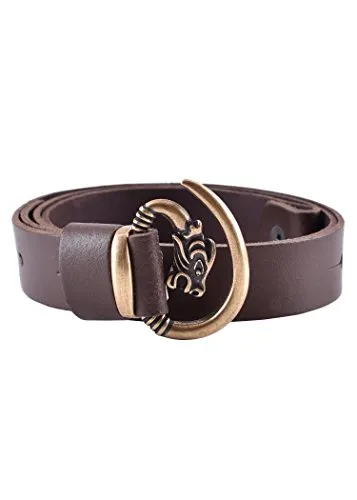 Battle-Merchant Ledergürtel braun mit Wolfskopf - Schnalle bronzefarben - Mittelalter LARP Gürtel aus Leder Länge 100 cm