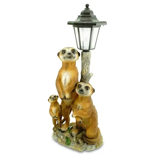Kremers Schatzkiste Erdmännchen Familie mit Solarlaterne - Figuren für den Garten, wetterfest und mit solarbetriebener Laterne für stimmungsvolle Beleuchtung bei Nacht.