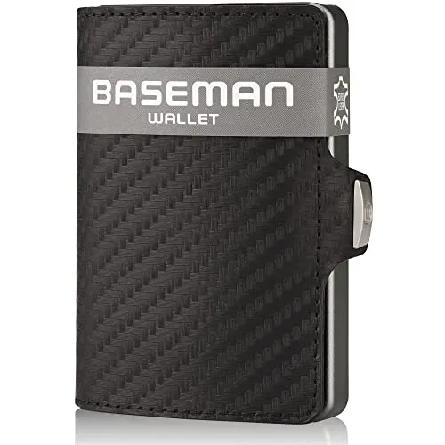 Baseman Slim Wallet mit Münzfach, Kreditkartenetui aus Aluminium & Echtleder, Kartenetui für 10 Kreditkarten, Geldbörse Herren klein, Portemonnaie, Mini Geldbeutel Leder, Schwarz, Elegant