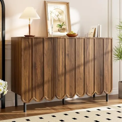 OLIVIBED Sideboard Holzfarbe Matt, Kommode mit 4 Türen, Anrichte Küche mit Beine, Modernes Welliger Wohnzimmerschränke, Mehrzweckschrank für Wohnzimmer Schlafzimmer Flur Büro, 120x35x80cm (Holzfarbe)